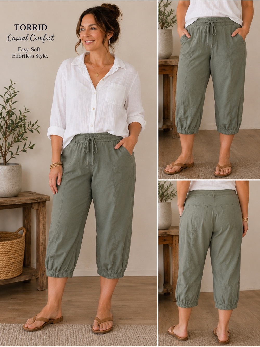 Torrid Olive Pull On Crop Pants Casual‎ Coastal Lounge Capri